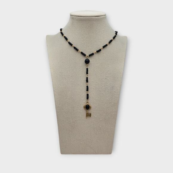 Black Beaded Y-Drop Key Necklace 1928 Brand Gold Vintage Gothic Revival Style - Picture 2 of 8